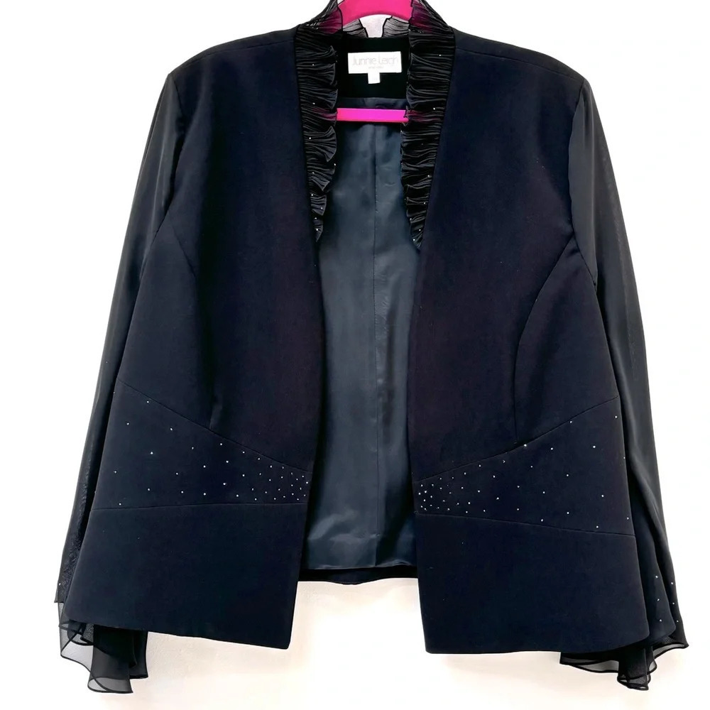 Vintage Junnie Leigh  Open Front Evening Blazer Jacket Sheer Sleeves Black -24